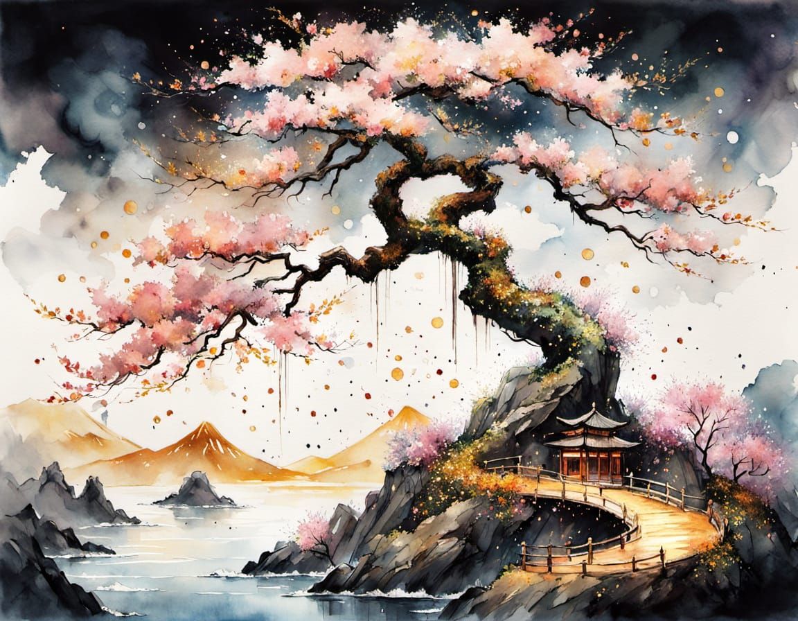 Cosmic Stargate with Bonsai and Cherry Blossoms