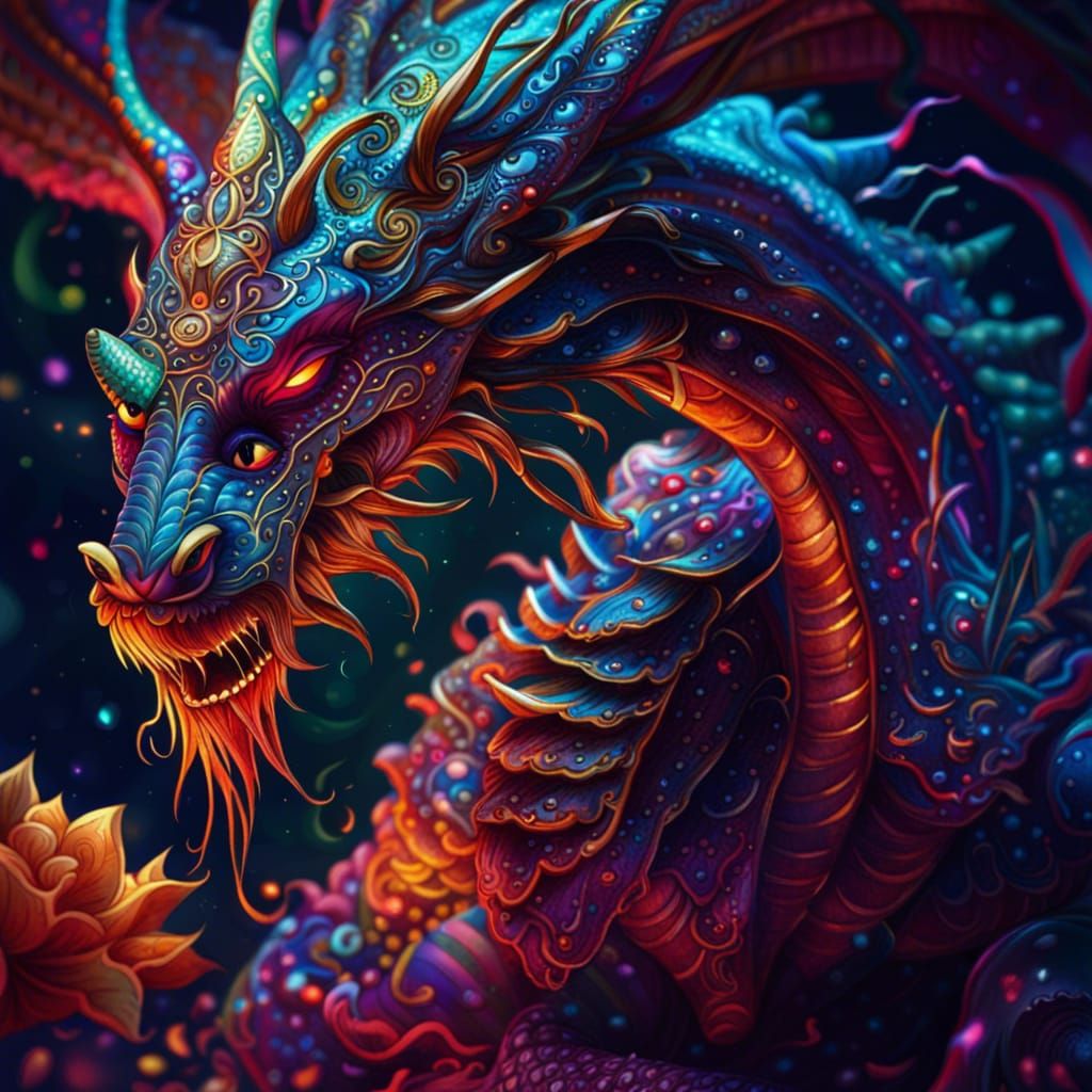 Cosmic Dragon and Lady Illustration in Mixed Media