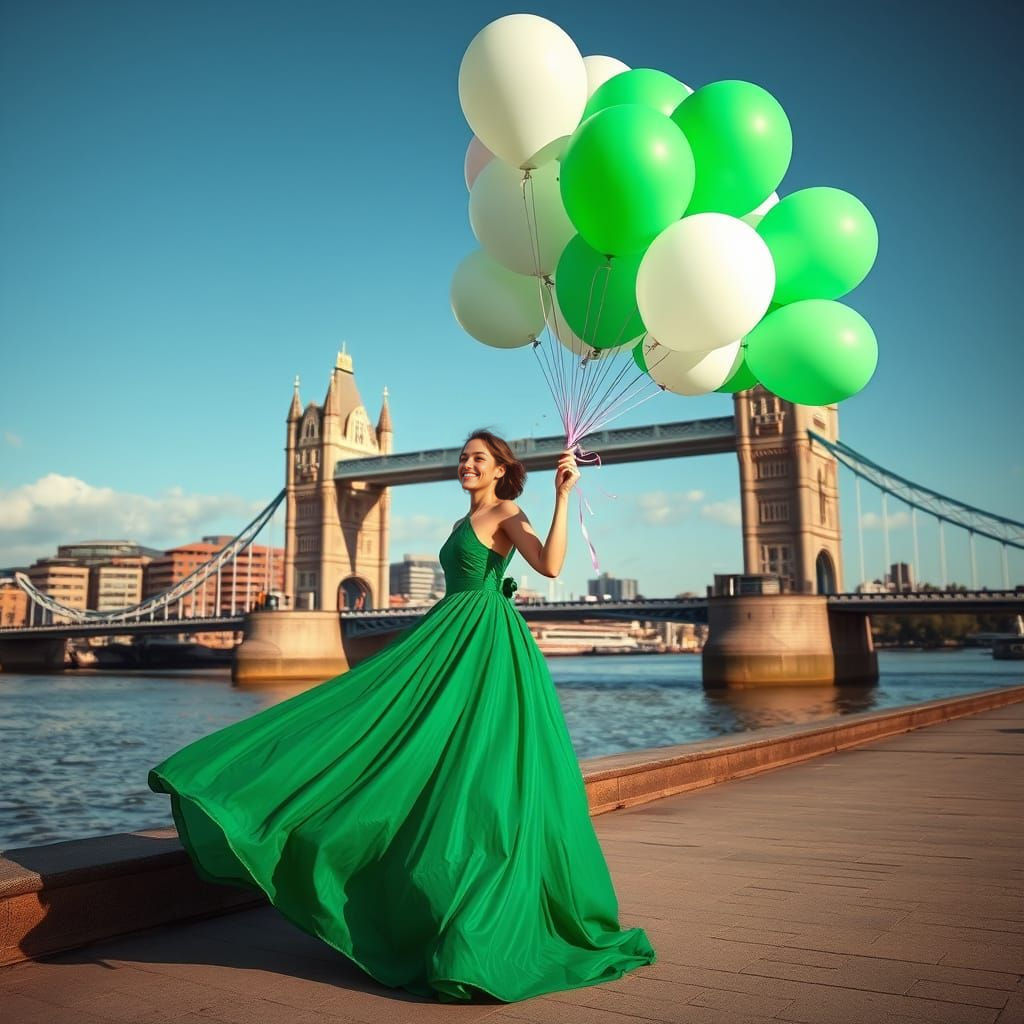 Model in Green Gown with Balloons, London Bridge