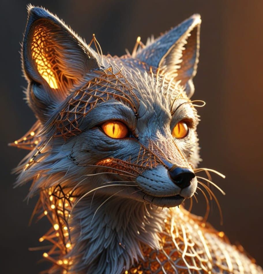 Wireframe Grey Fox Sculpture in Warm Light
