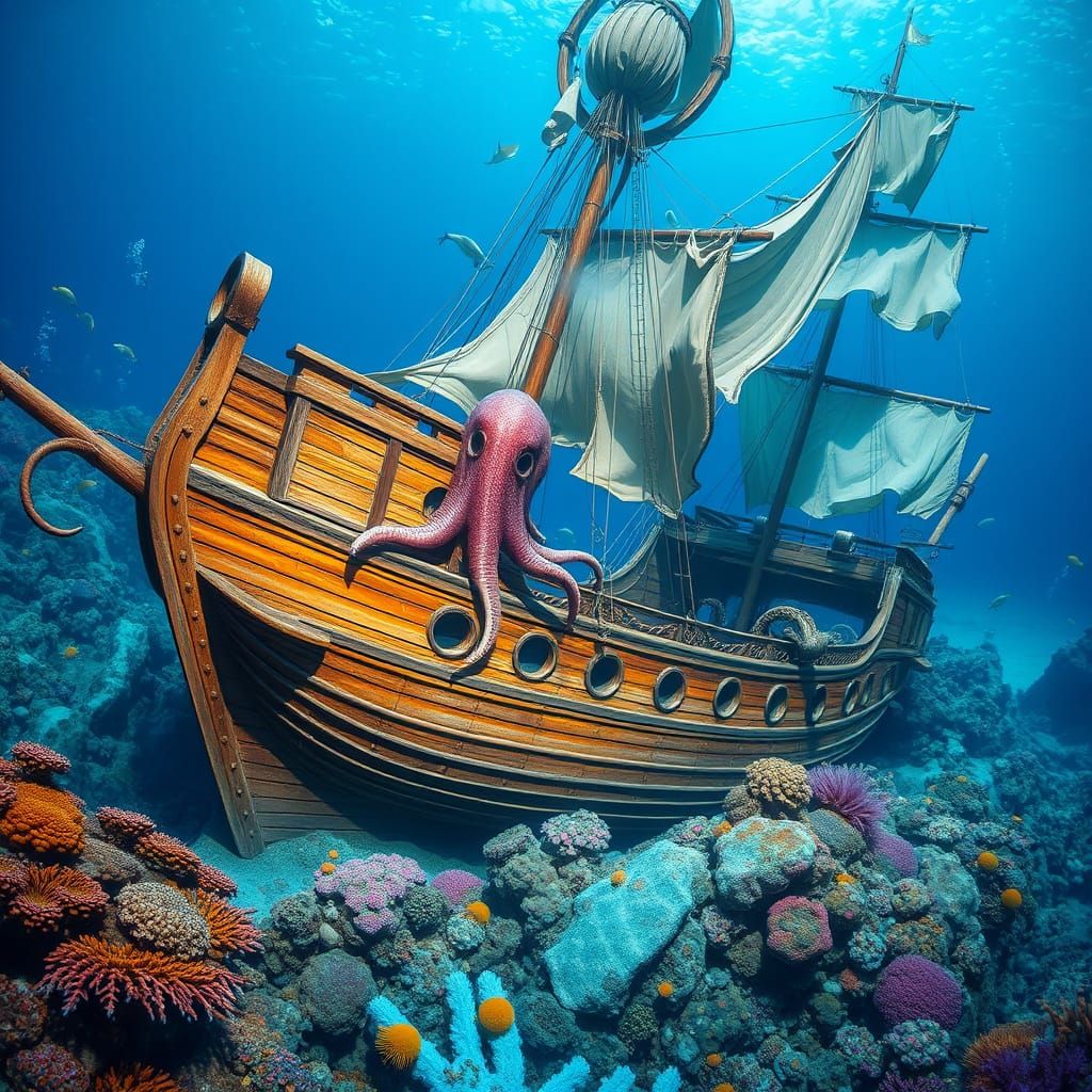Underwater Shipwreck with Giant Squid on Coral Reef