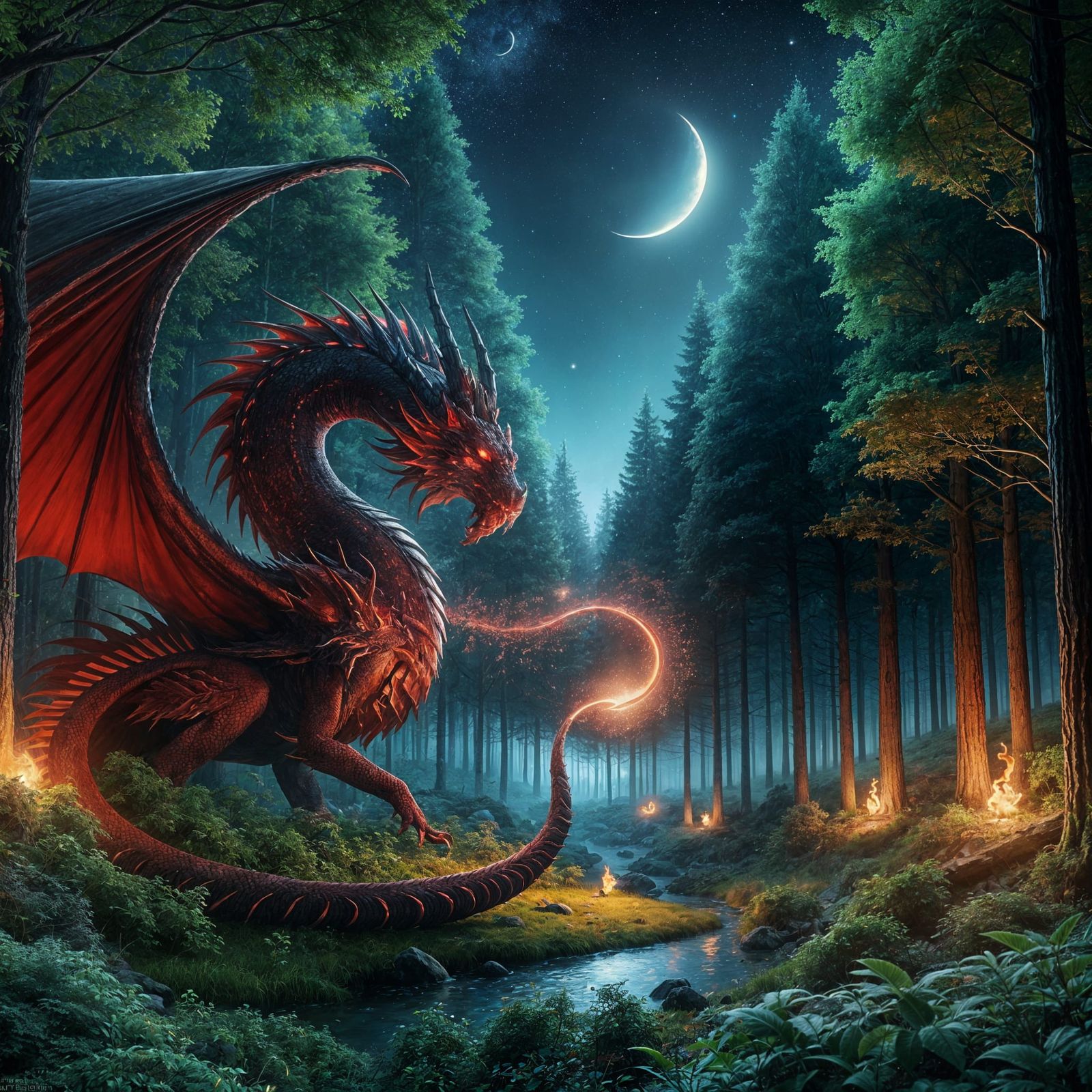 Mythical Red Dragon in Enchanted Forest