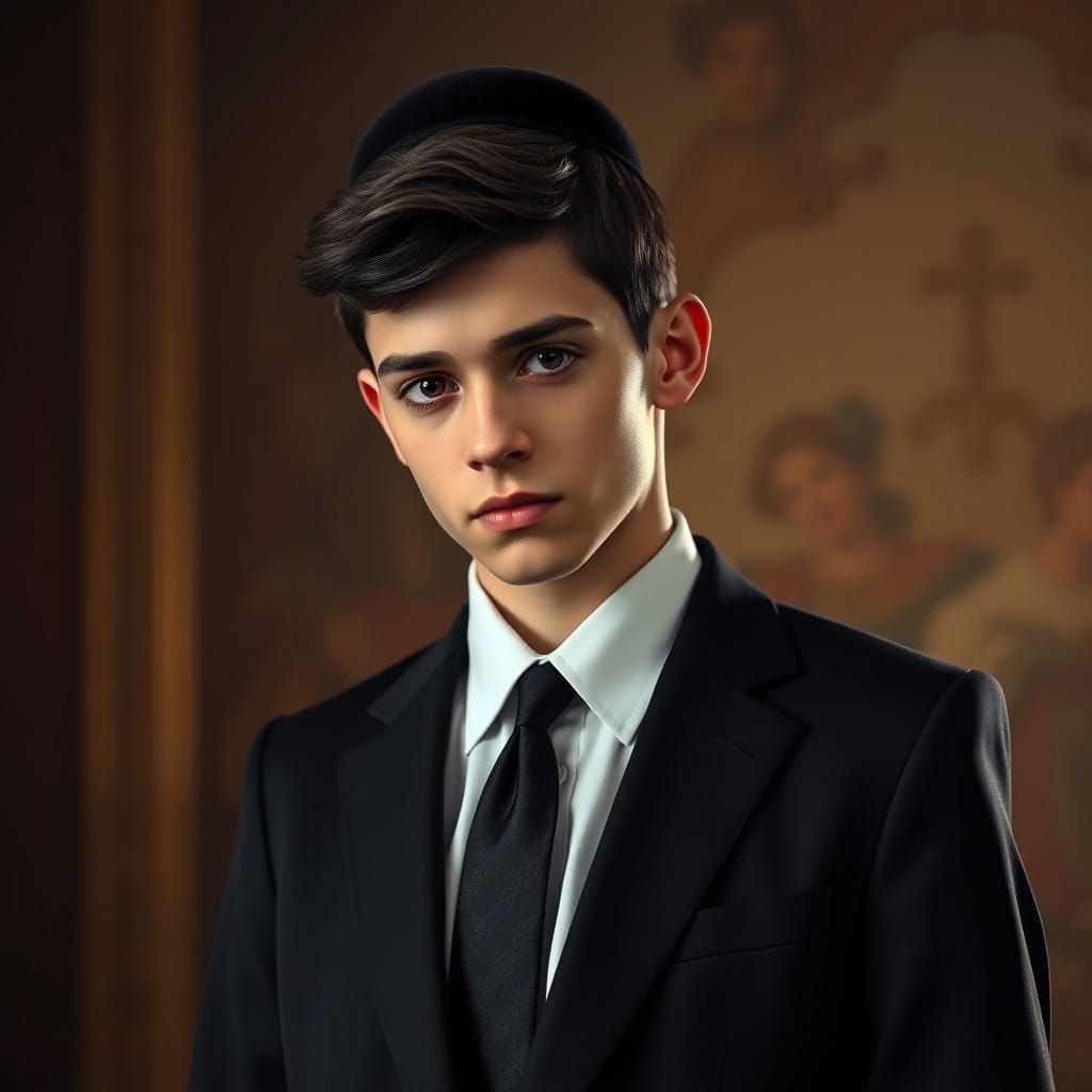 Elegant Ultra-Orthodox Youth in Baroque-Inspired Setting