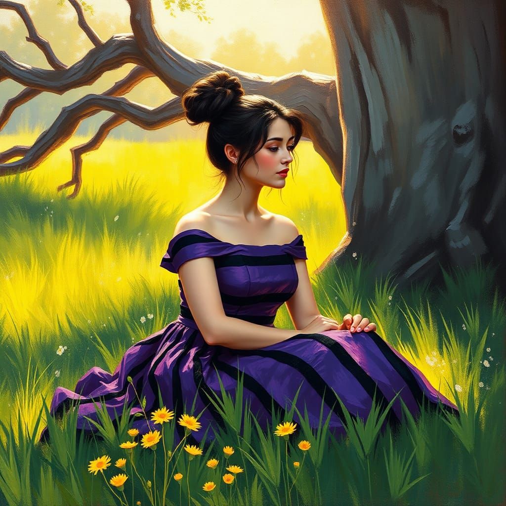 Woman in Purple Dress in Impressionist Landscape