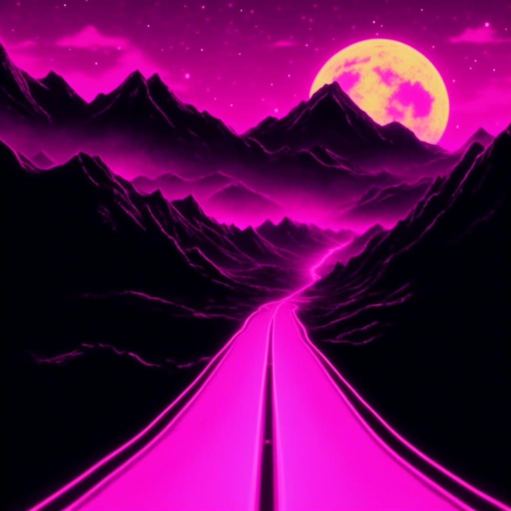 Synthwave Mountains and Moonlit Road