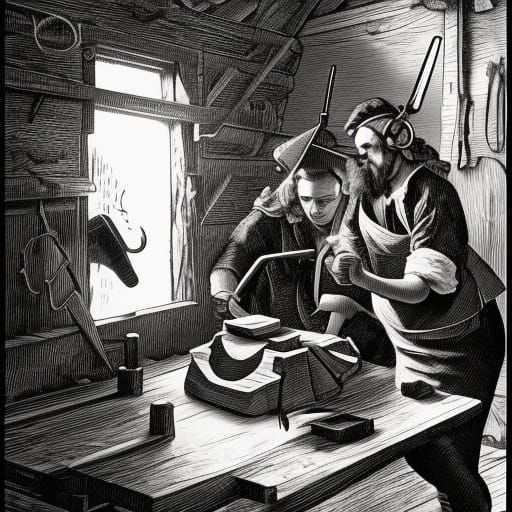 18th Century Workers Forging Scissors in Linocut Style