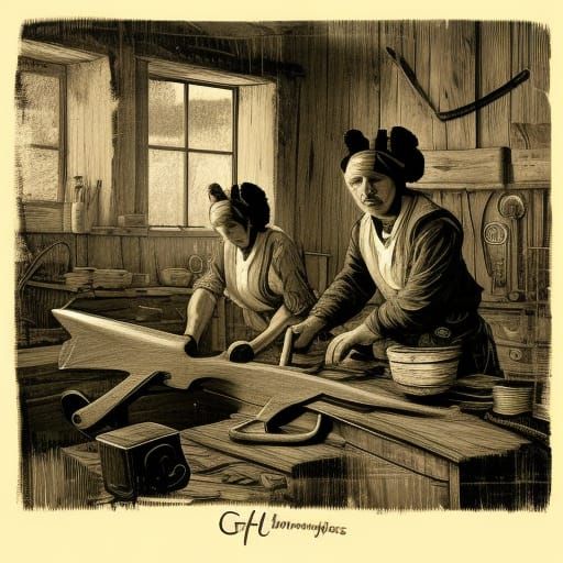 18th Century Workers Sharpen Scissors in Linocut Style