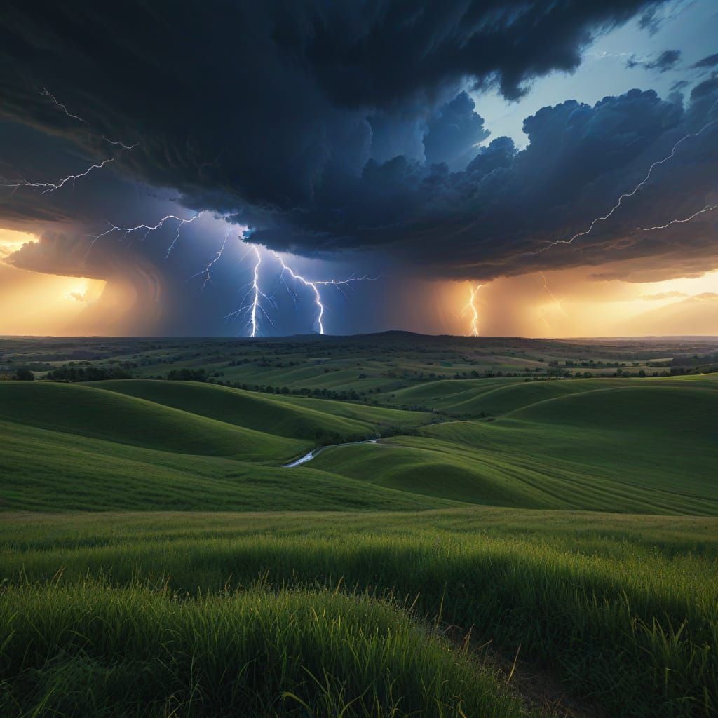 Lightning Storm Over Country Field at Dawn