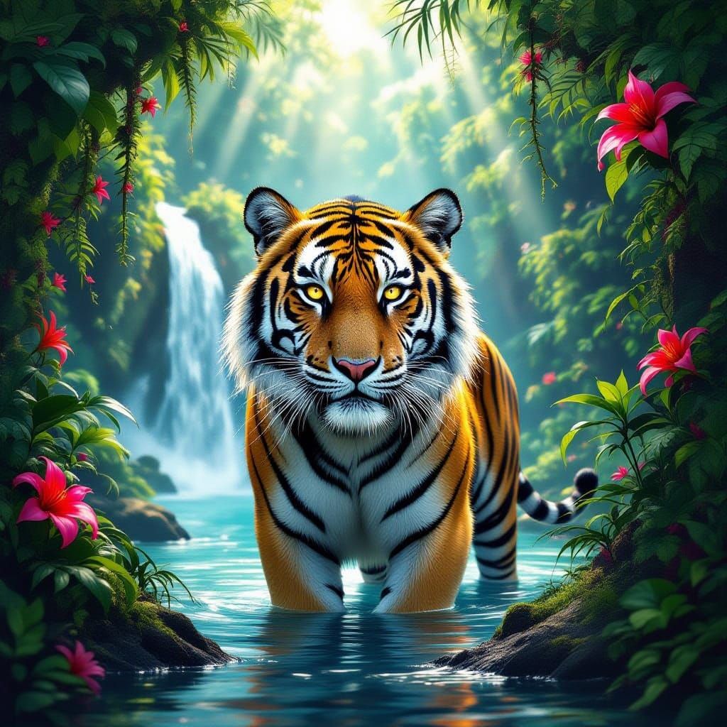 Majestic Tiger Guards Hidden Jungle Waterfall