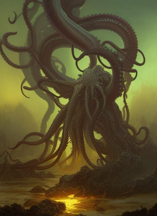 Cthulhoid Monsters Embrace in Apocalyptic Landscape
