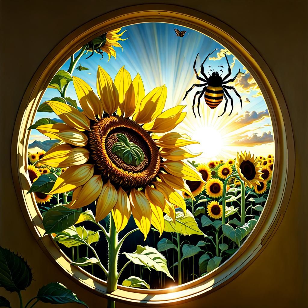 Giant Sunflower Spider and Butterfly: Detailed Matte Paintin...