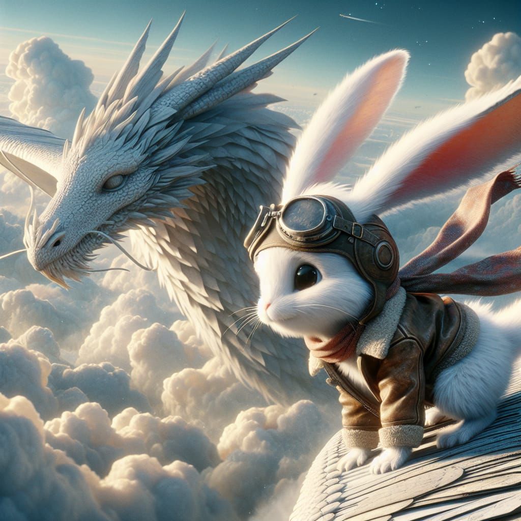 Whimsical Adventure with Bunny Aviator and Majestic White Dr...
