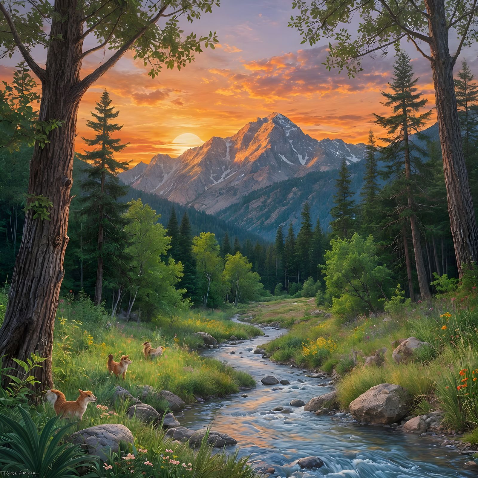 Bob Ross Style Marvelous Sunset Over Mountains