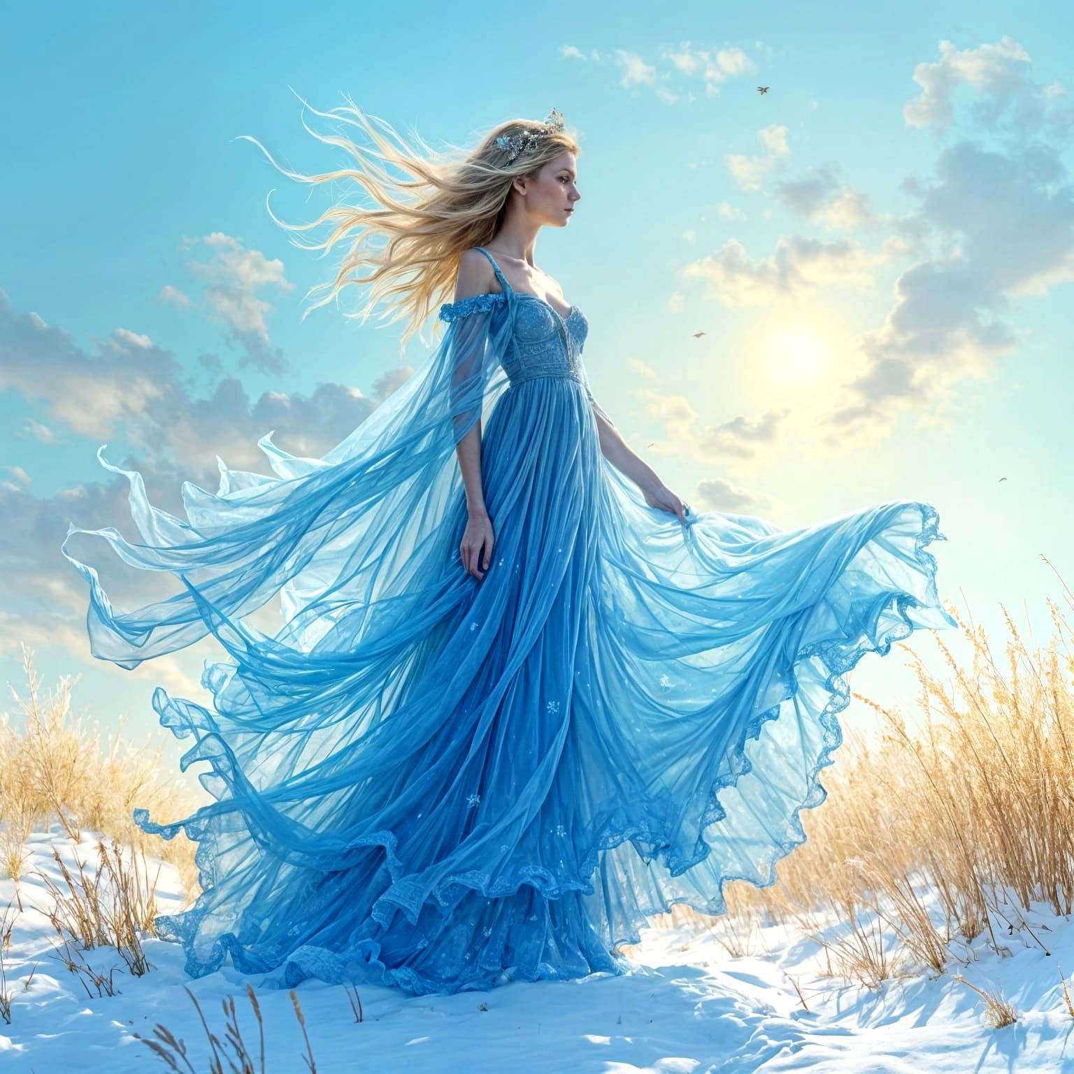 Ethereal Blue Goddess in a Serene Snowy Landscape