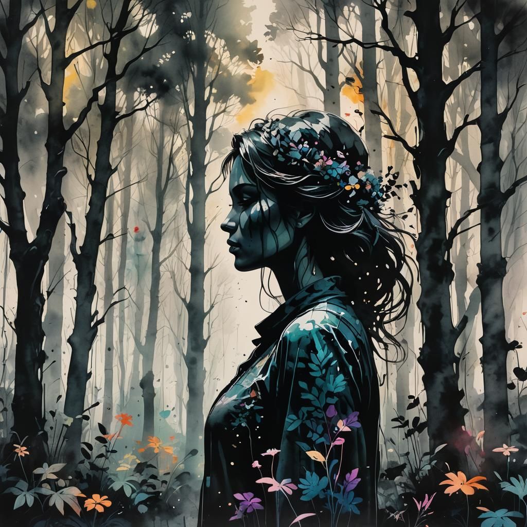 Silhouette in Forest: Graffiti and Splash Art