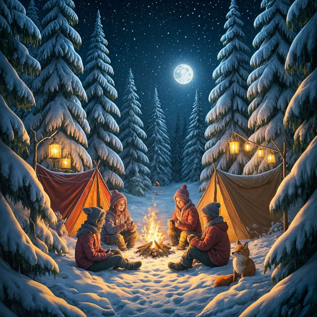 Whimsical Winter Campsite in Charcoal Drawing Style