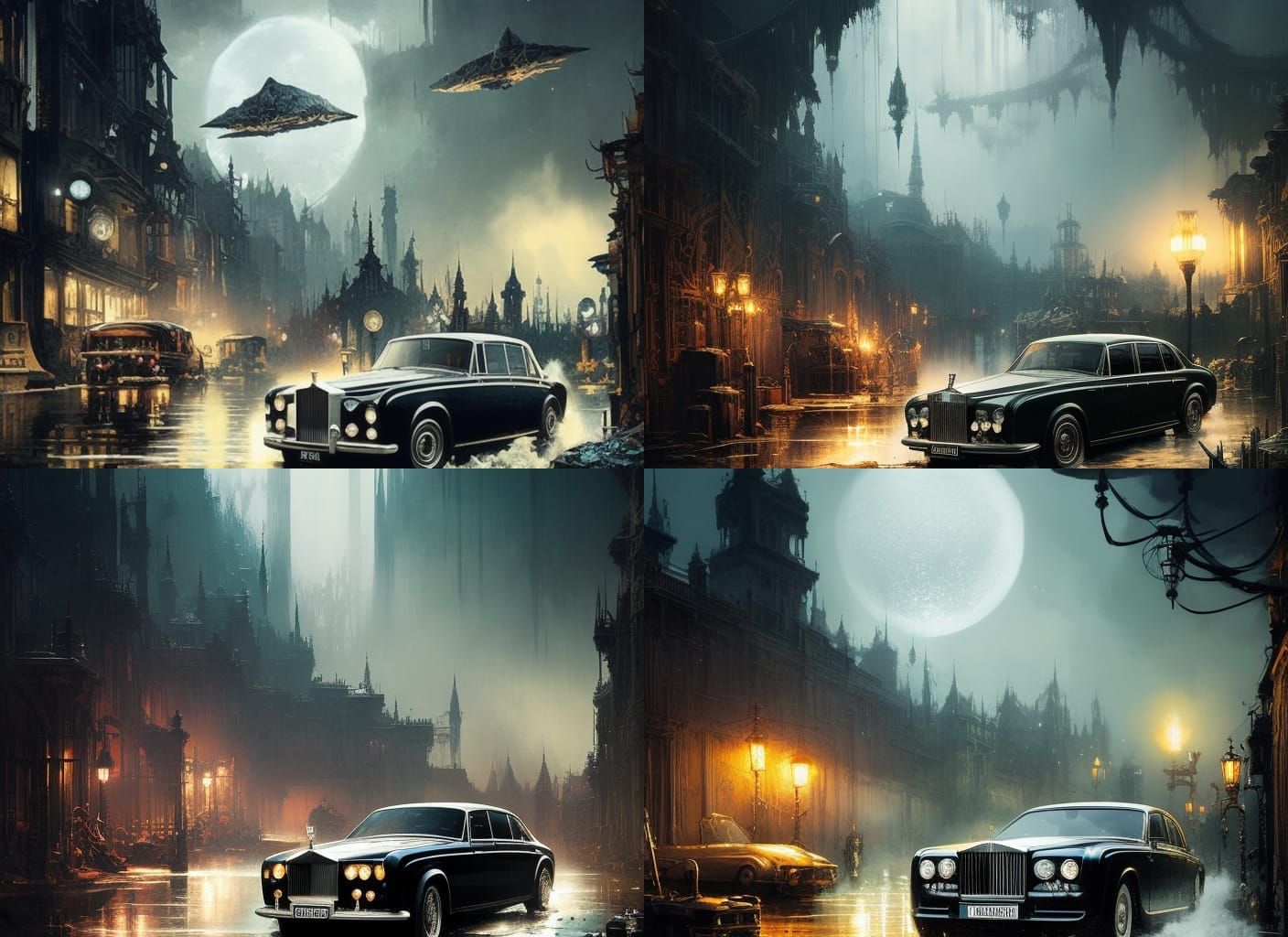 Gritty Rolls Royce in Dark Gothic Watercolor Style