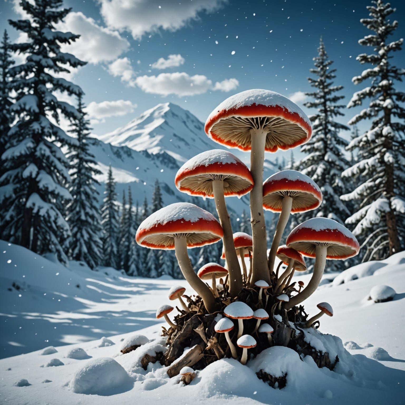 Dali-Style Magic Mushrooms in Snowy Landscape
