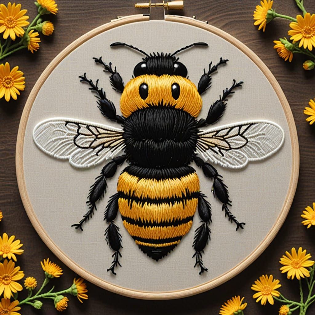 Bumble bee embroidery 8k detail precise exact