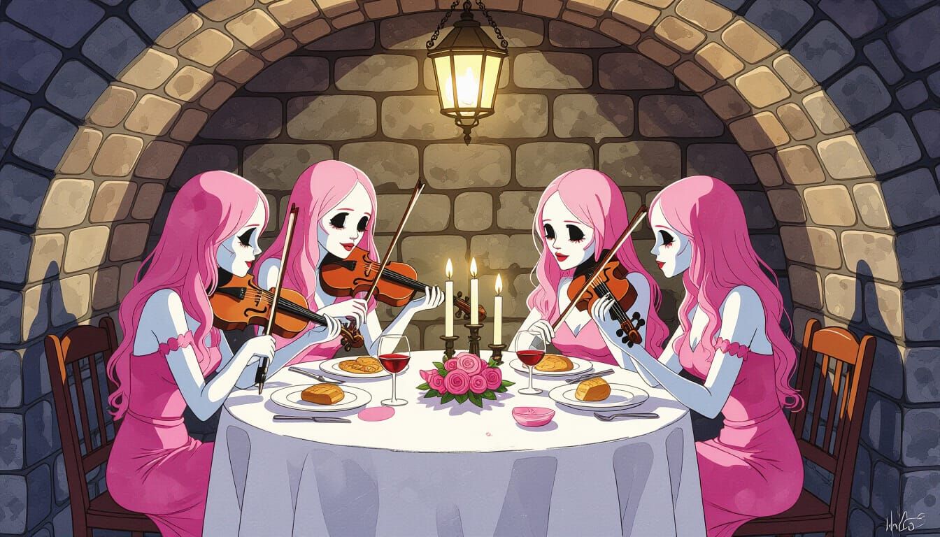 Sapphic Ghosts Enjoying a Romantic Valentines Dinner