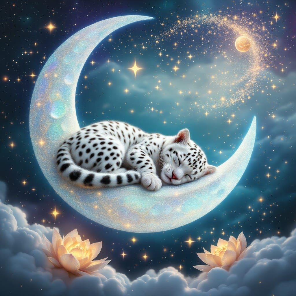 Dreamy Fantasy Scenery with Baby White Jaguar and Celestial...