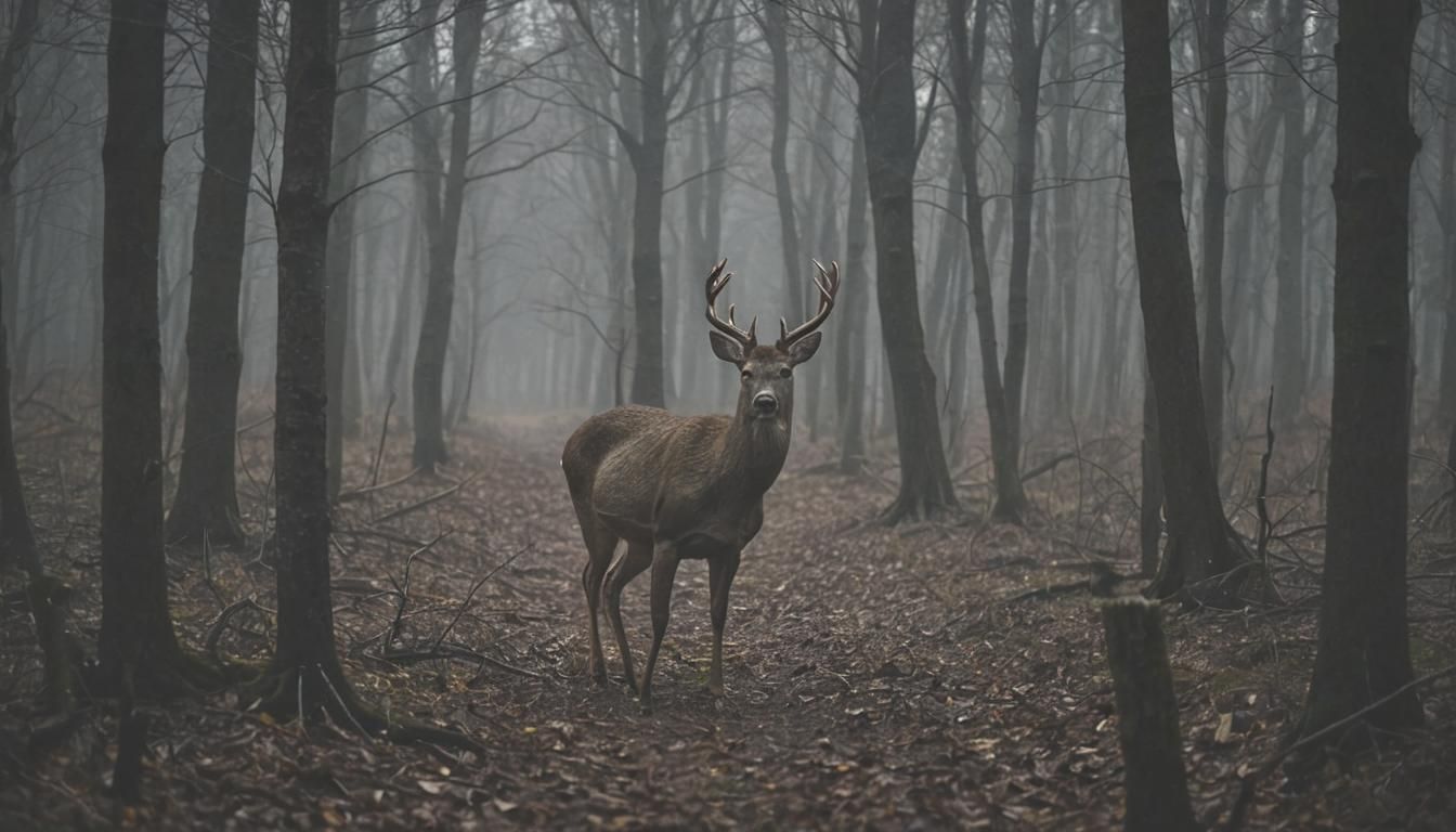 Deer Walking in a Dark Forest
