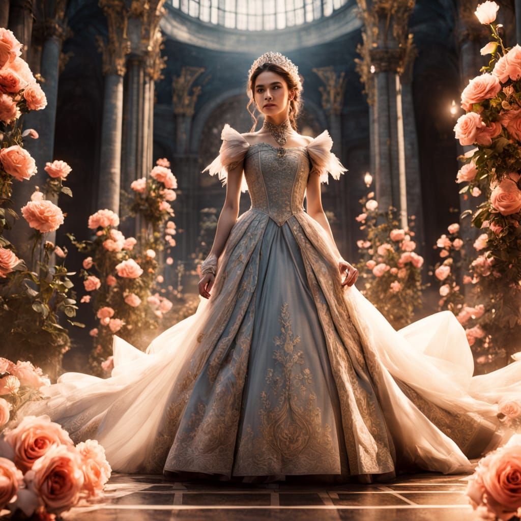 Regal Princess Amidst Falling Rose Petals in Cinematic Style