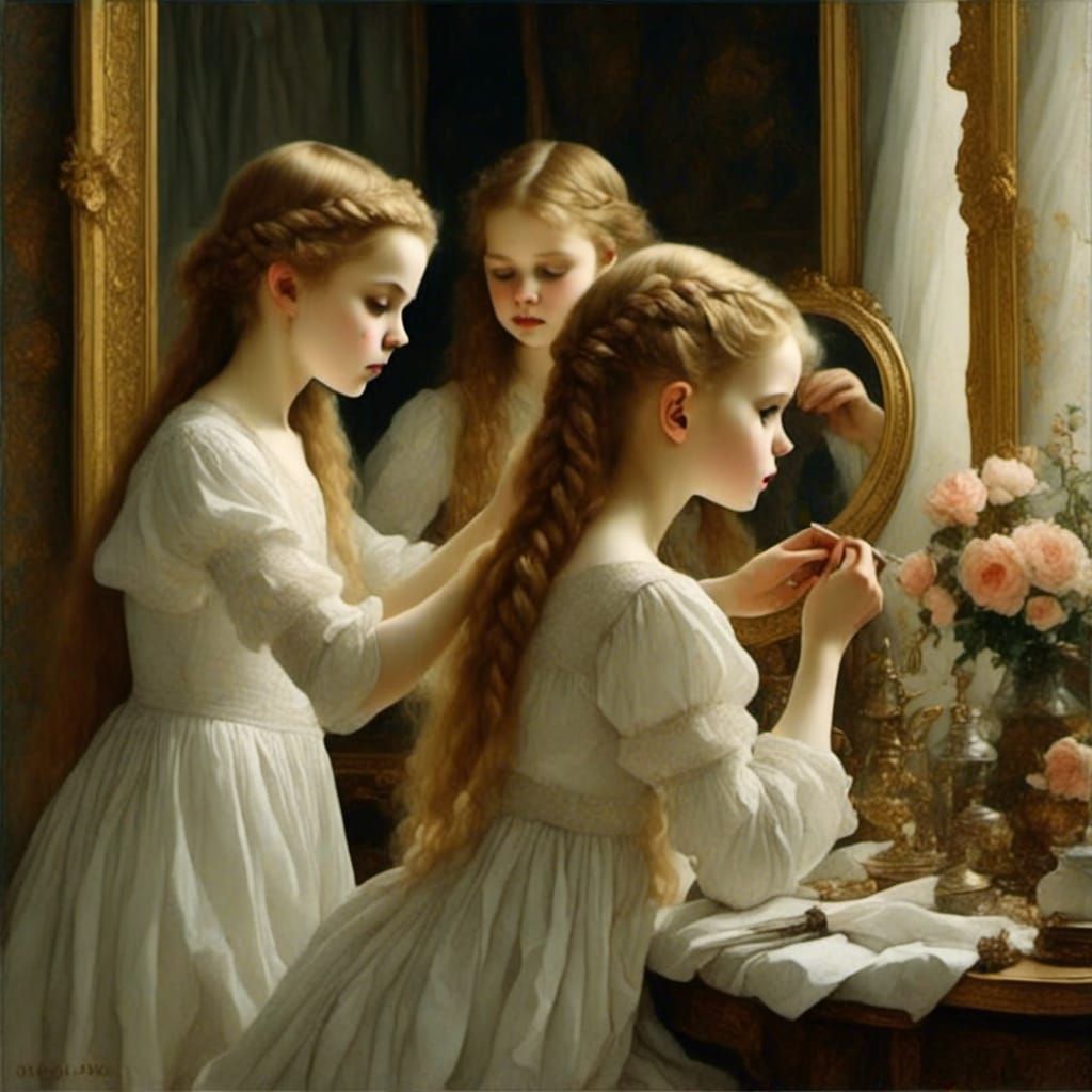 Girl Braiding Hair in Front of Mirror