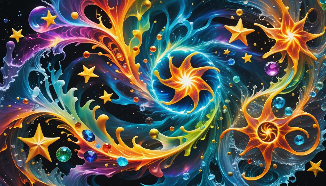 Vibrant Surrealism: Elementals Swirling Around Gemstone