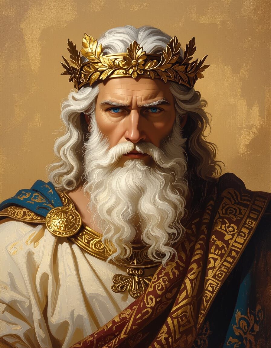 Majestic Zeus-Like Figure in Classical Oil Painting Style
