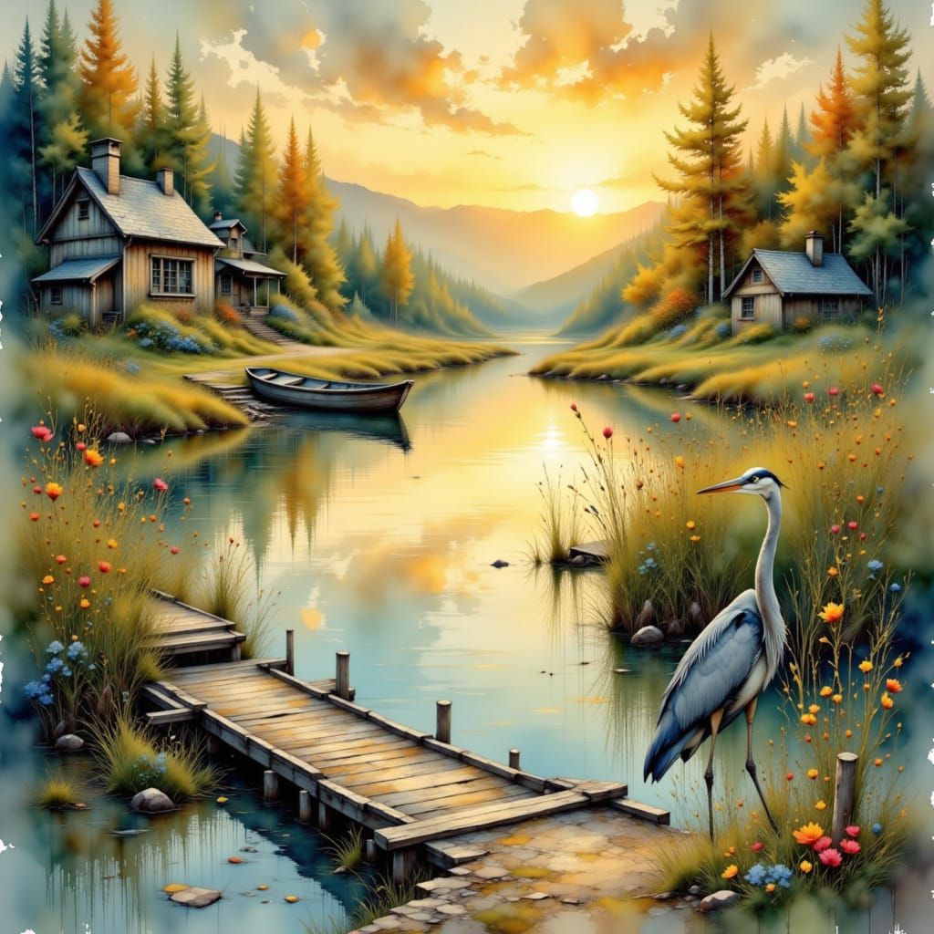 Peaceful Lake Scene at Sunset in Watercolor Style