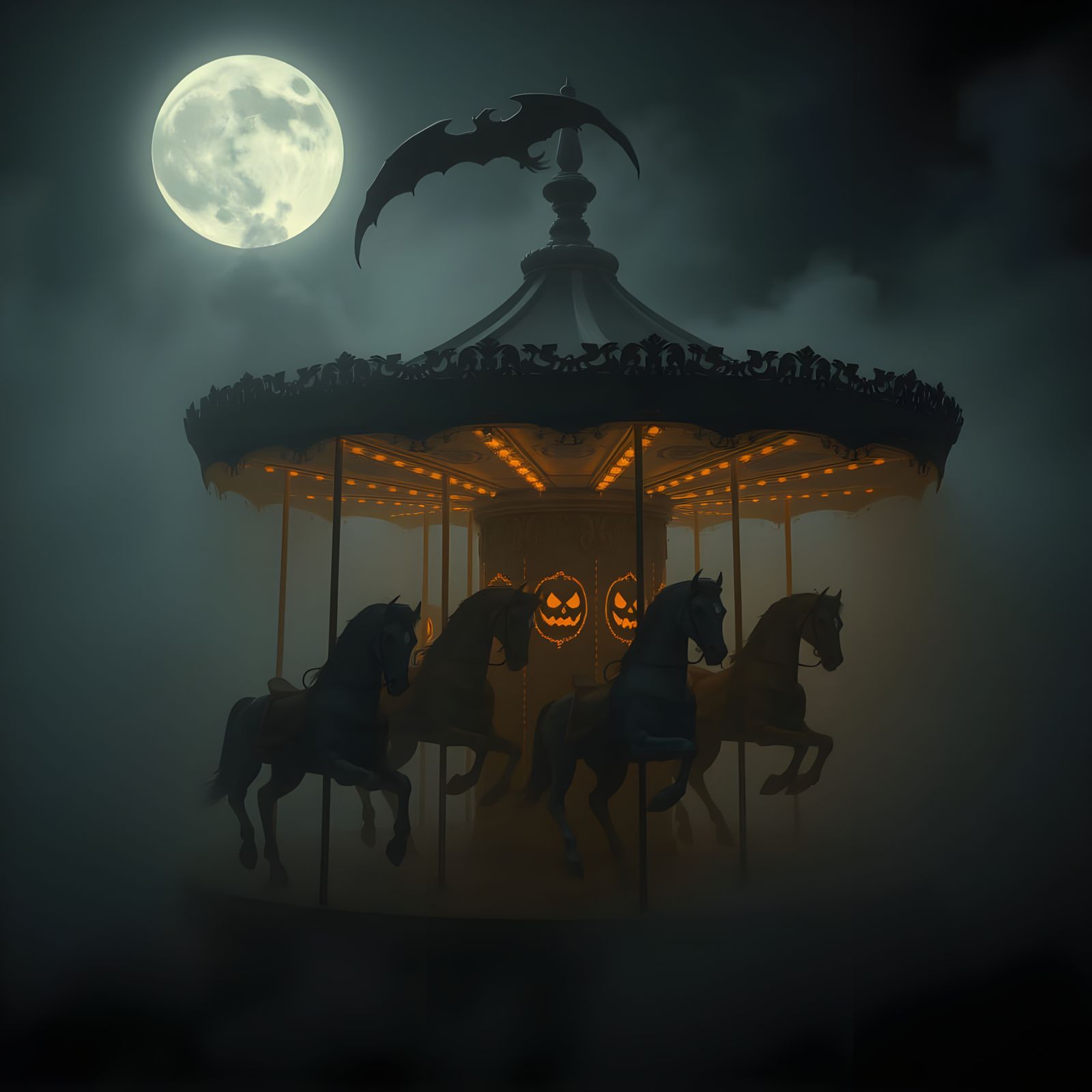 Haunting Bone Carousel in Foggy Night Scene