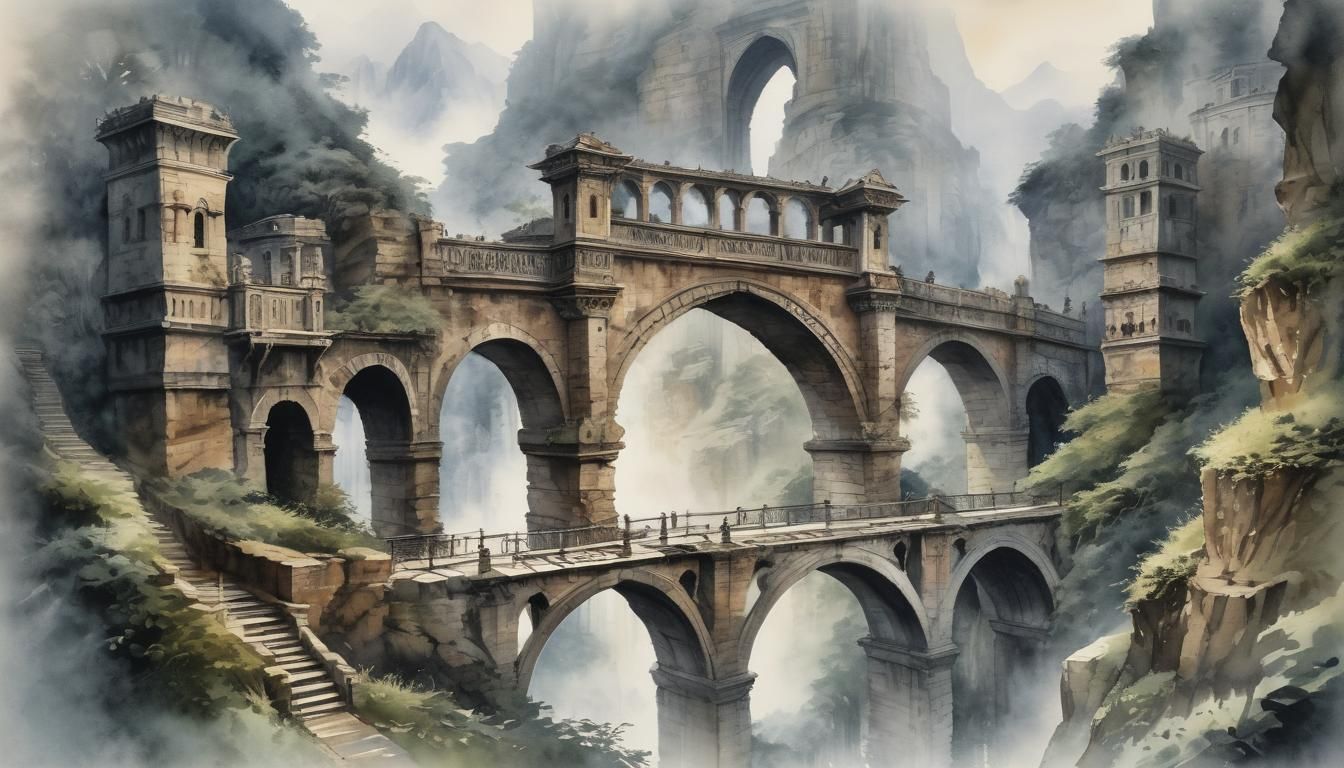 Ancient Stone Bridge in Wet-Wash Watercolour Style