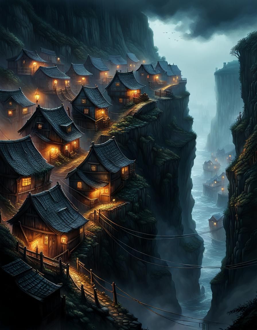 Cliffside Village in Sinister Fog, Comic Book Art