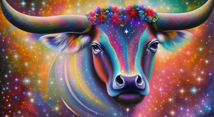 Gem-Encrusted Taurus in Drip Painting Style