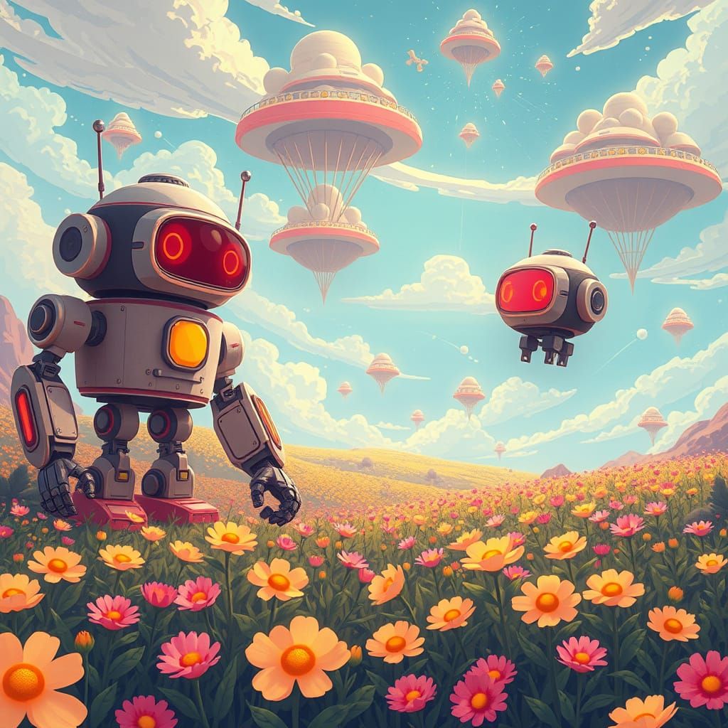 Robots Farm Glowing Flowers in Surreal Landscape