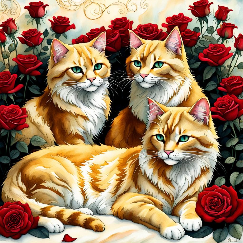 Golden Cats Lounging Among Roses in Dreamy Fairy Tale Style