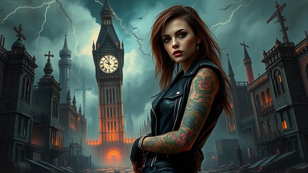 Punk Woman in Post-Apocalyptic Cityscape as Gouache Art