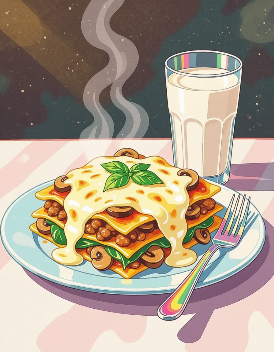 Vibrant Lasagna with Sausage and Spinach, Watercolor Style