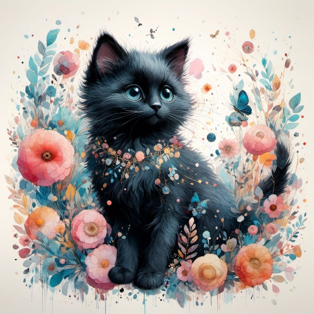 Whimsical 3D Watercolor of a Small Black Cat