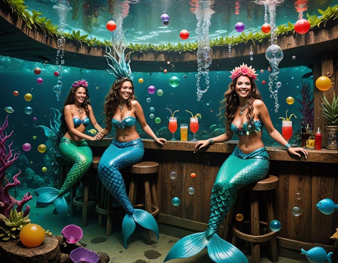 Mermaids in a Tiki Bar Underwater Scene
