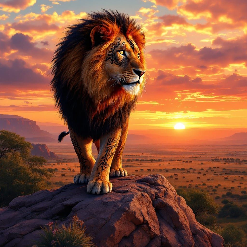 Lion with Tribal Markings Overlooking African Savanna