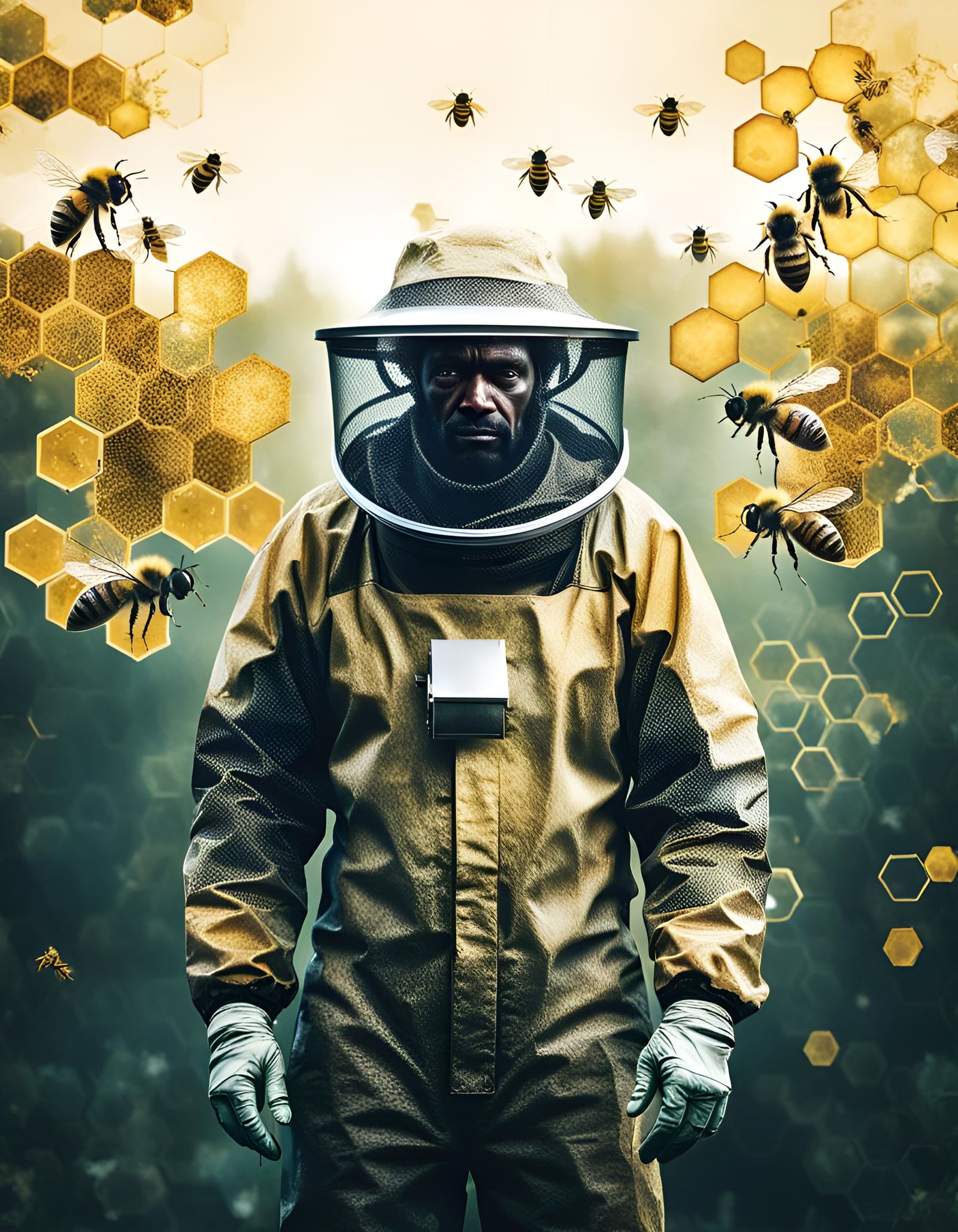 Surreal Beekeeper in Double Exposure with Honeycomb