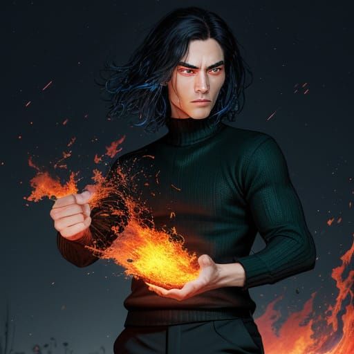 Heroic Pyromancer in Vibrant Nighttime Flight