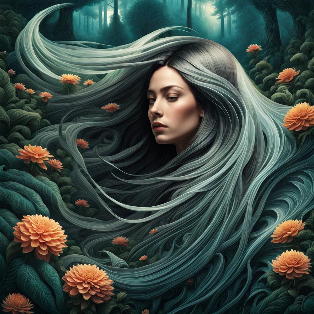 Surreal Woman with Narcotic Flower in Enchanted Forest