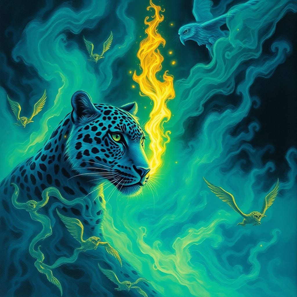 Blue Leopard King Offers Fire in Teal City