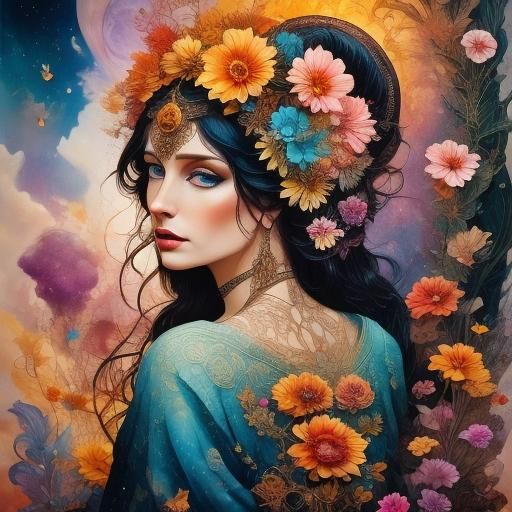 Fantasy Floating Archipelago in Alphonse Mucha Style