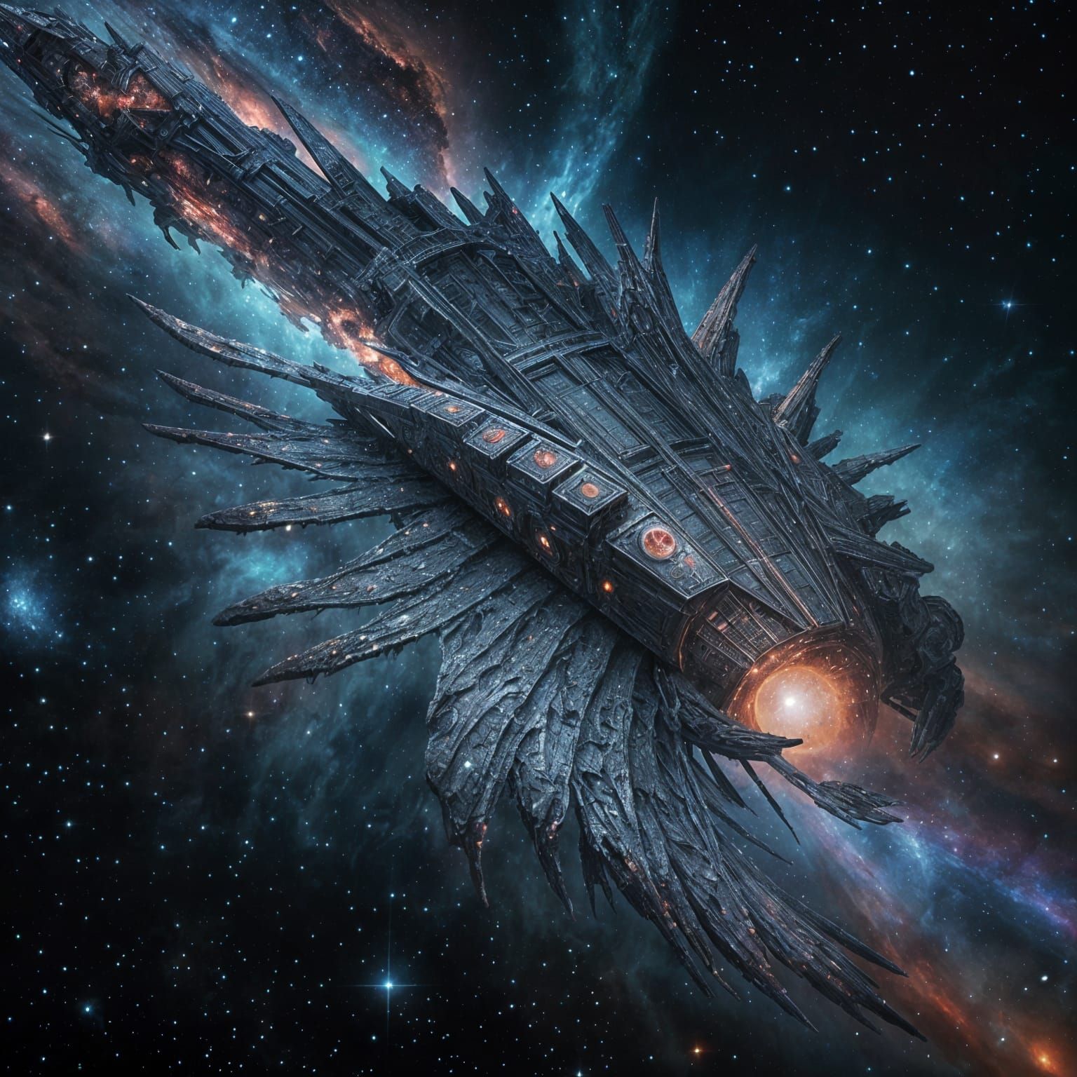 Gigantic Krill-Shaped Spaceship Navigates Nebula