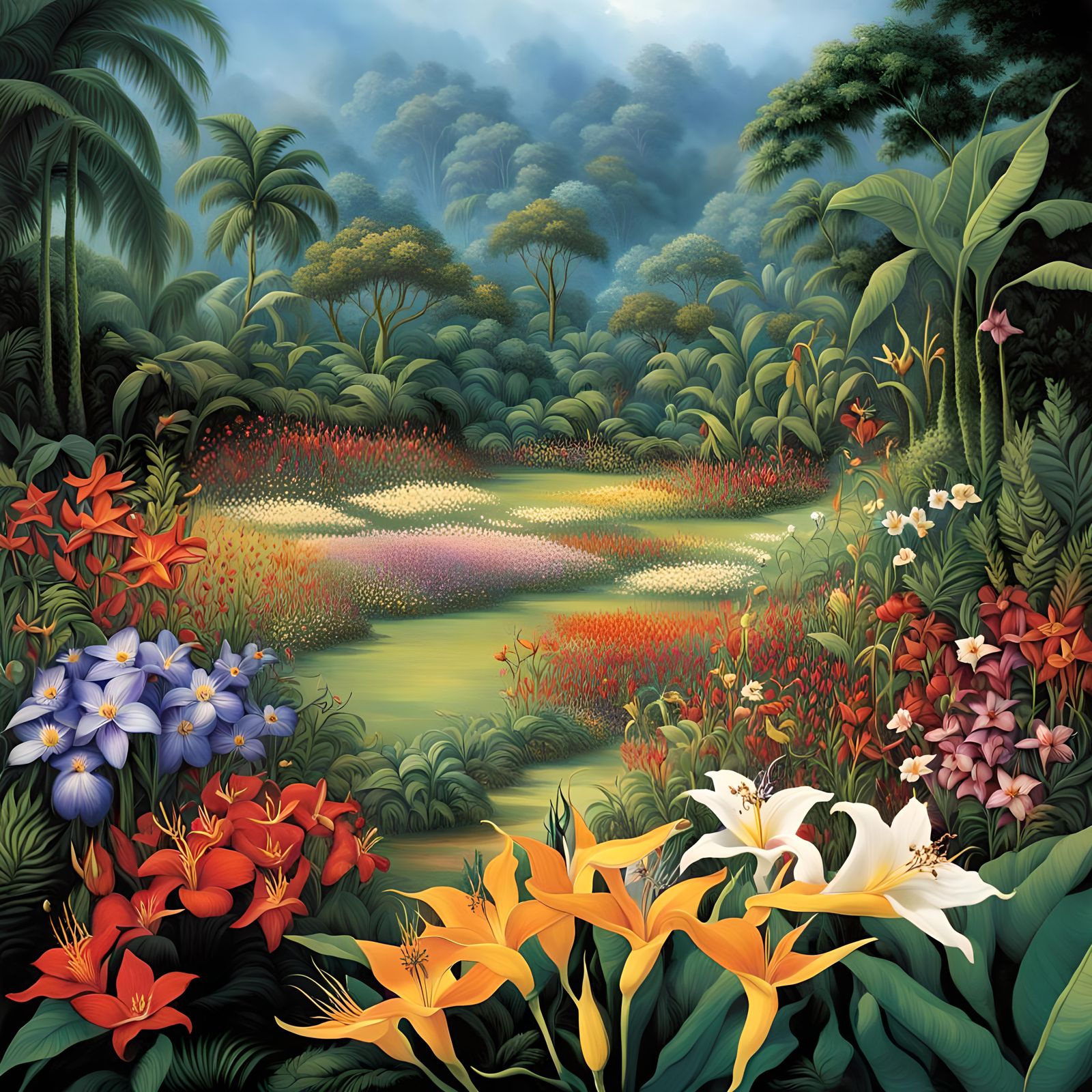 Juliette Rose and Plumeria fair,
Chocolate Cosmos in the air,
Lily-of-the-Valleys, pure and white,
In the meadow's gentl...