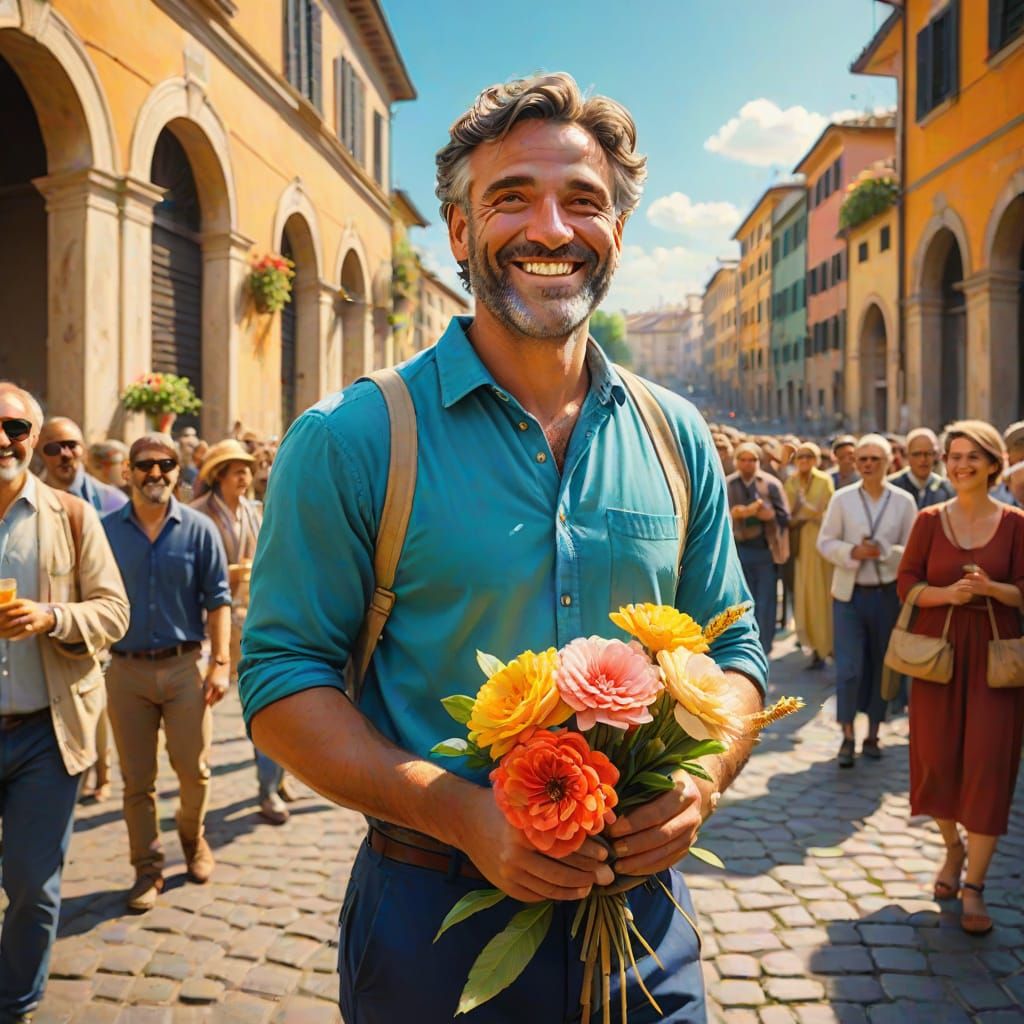 Joyful Roman Celebration: Oil Painting of Man with Flower Ro...